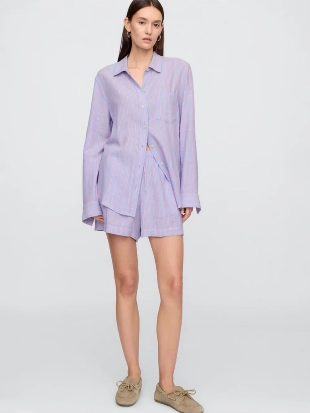 Gap Linen blend Relaxed Lavender Stripe Shirt & Shorts (set) - Picture 2 of 7